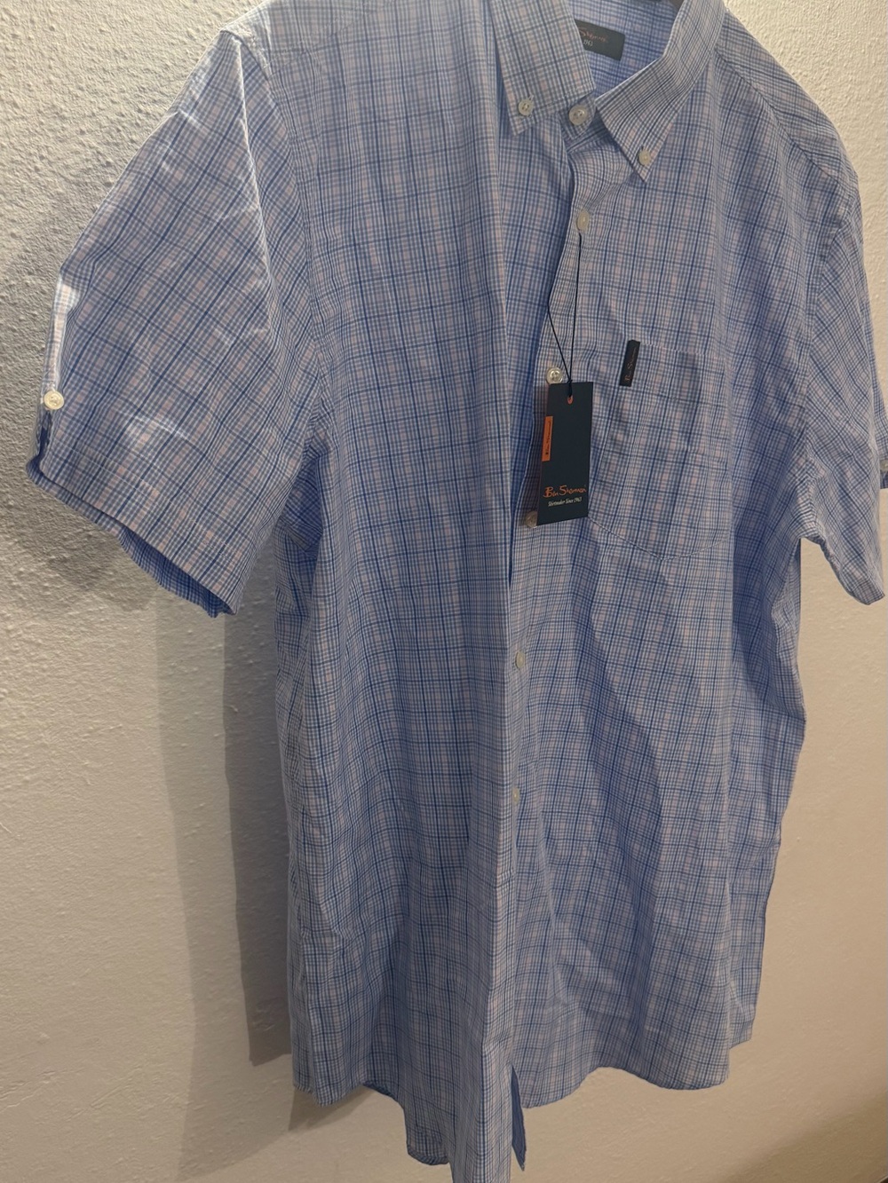 Ben Sherman Light Blue Plaid Short-Sleeve Button-Down Shirt, XL